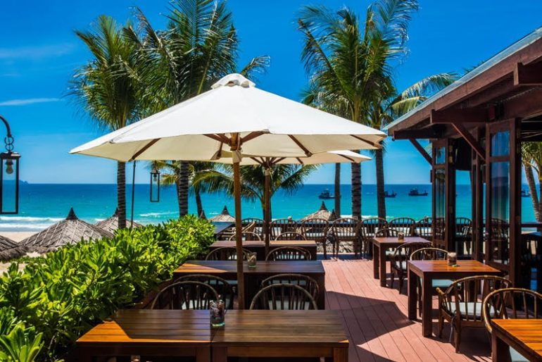 The Beach Club is perched on the 12-hectare Anam resort’s finest ground right on Long Beac